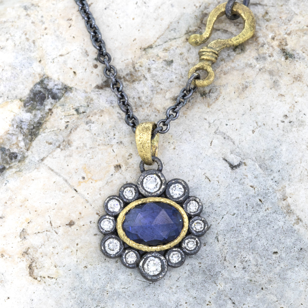 Rona Fisher Halo Pendant with Oval Cut Blue Sapphire